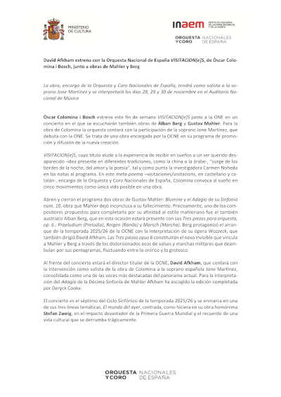 David Afkham estrena con la Orquesta Nacional de España VISITACION[e]S, de Òscar Colomina i Bosch, junto a obras de Mahler y Berg