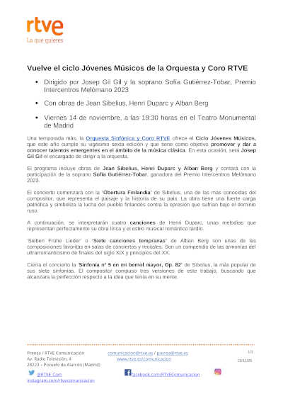 Vuelve el ciclo Jóvenes Músicos de la Orquesta y Coro RTVE