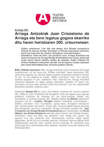 El Teatro Arriaga recuerda la figura y el legado de Juan Crisóstomo de Arriaga en el bicentenario de su fallecimiento