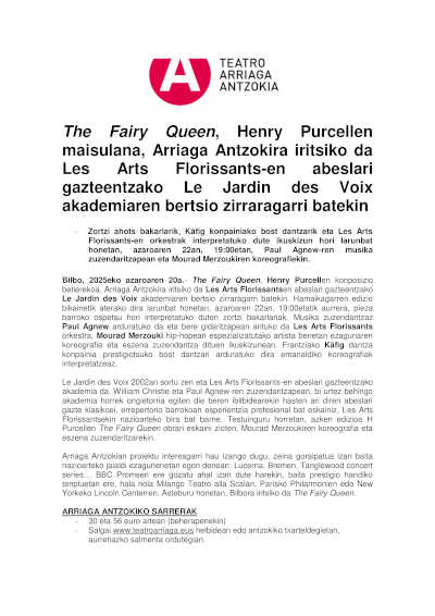 The Fairy Queen, obra maestra de Henry Purcell, llega al Teatro Arriaga en una vibrante versión de Le Jardin des Voix
