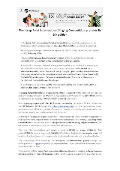 El Concurso Internacional de Canto Josep Palet de Martorell presenta su IX edición