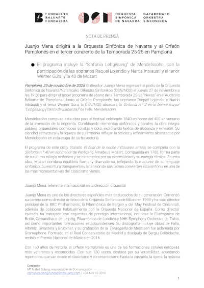 Juanjo Mena dirigirá a la Orquesta Sinfónica de Navarra y al Orfeón Pamplonés en el tercer concierto de la Temporada