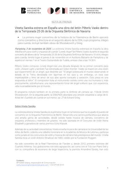 Vineta Sareika estrena en España una obra del letón Pēteris Vasks dentro de la Temporada 25-26 de la Orquesta Sinfónica de Navarra