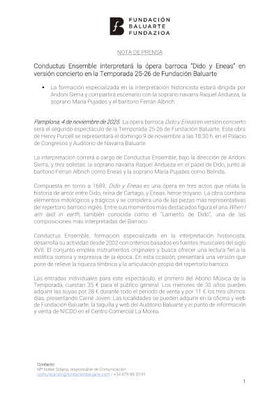 Conductus Ensemble interpreta la ópera barroca “Dido y Eneas” en versión concierto en la Temporada 25-26 de Fundación Baluarte