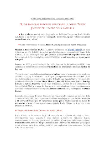 Nueve emisoras europeas ofrecerán la ópera «Pepita Jiménez» del Teatro de la Zarzuela