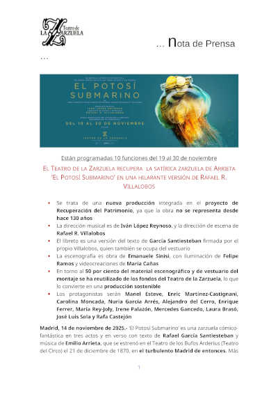 El Teatro de la Zarzuela recupera la satírica zarzuela de Arrieta «El Potosí Submarino» en hilarante versión de Rafael Villalobos