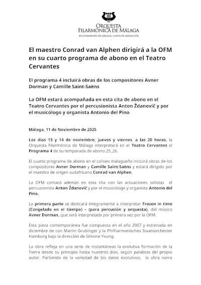 El maestro Conrad van Alphen dirigirá a la OFM en su cuarto programa de abono en el Teatro Cervantes