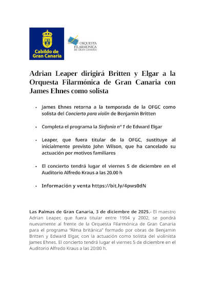 Adrian Leaper dirigirá Britten y Elgar a la Orquesta Filarmónica de Gran Canaria con James Ehnes como solista