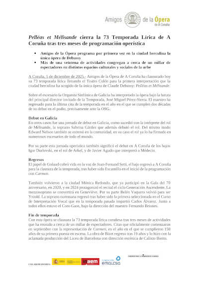 Pelléas et Mélisande cierra la 73 Temporada Lírica de A Coruña tras tres meses de programación operística