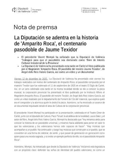 La Diputación se adentra en la historia de «Amparito Roca», el centenario pasodoble de Jaume Texidor