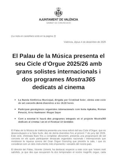 Ciclo de Órgano 2025/26 del Palau de la Música: grandes solistas y programas Mostra365 dedicados al cine