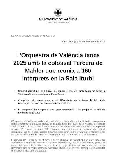 La Orquesta de València cierra 2025 con la colosal Tercera de Mahler que reúne a 160 intérpretes en la Sala Iturbi