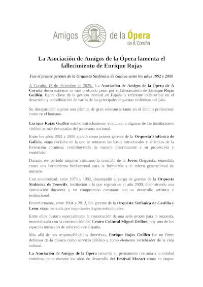 La Asociación de Amigos de la Ópera lamenta el fallecimiento de Enrique Rojas Guillén