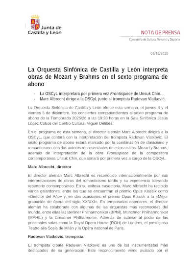 La Orquesta Sinfónica de Castilla y León interpreta obras de Mozart y Brahms en el sexto programa de abono