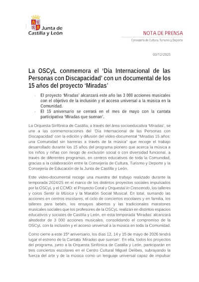 La OSCyL celebra el «Día Internacional de las Personas con Discapacidad» con un documental de los 15 años de “Miradas”