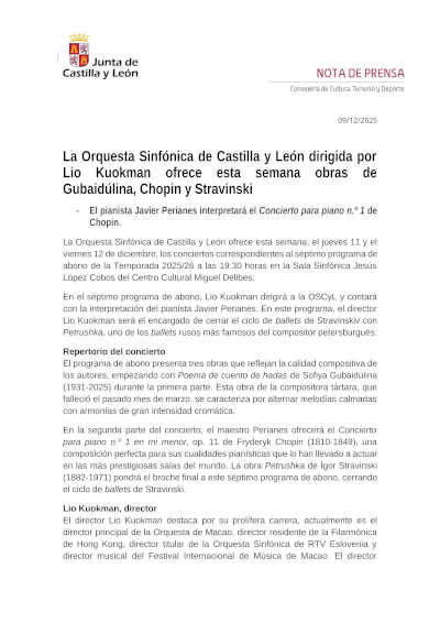 La Orquesta Sinfónica de Castilla y León dirigida por Lio Kuokman ofrece esta semana obras de Gubaidúlina, Chopin y Stravinski