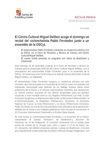 El Centro Cultural Miguel Delibes acoge el domingo un recital del violonchelista Pablo Ferrández