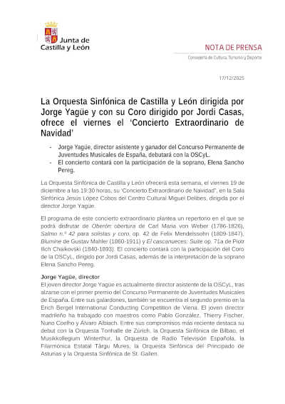 La Orquesta Sinfónica de Castilla y León y su Coro, con Jorge Yagüe y Jordi Casas en el Concierto Extraordinario de Navidad