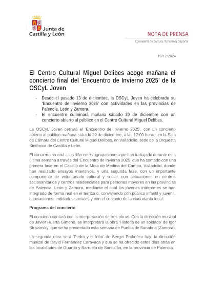 El Centro Cultural Miguel Delibes acoge el concierto final del «Encuentro de Invierno 2025» de la OSCyL Joven