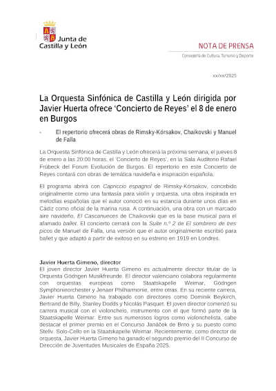 La Orquesta Sinfónica de Castilla y León dirigida por Javier Huerta ofrece «Concierto de Reyes»