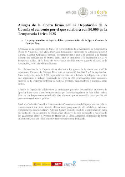 Amigos de la Ópera firma con la Deputación de A Coruña un convenio de apoyo a la Temporada Lírica 2025 por 90.000€