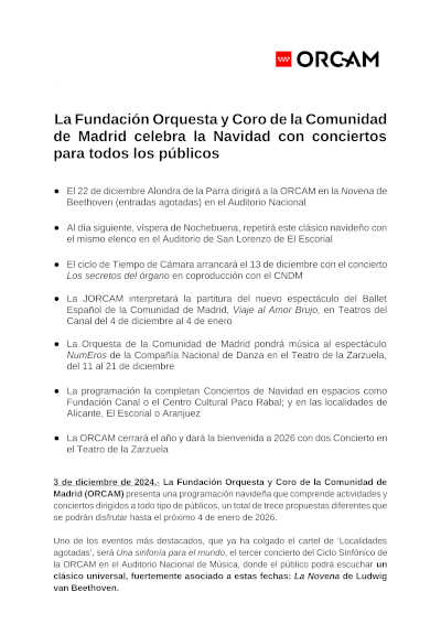 La Fundación Orquesta y Coro de la Comunidad de Madrid celebra la Navidad con conciertos para todos los públicos