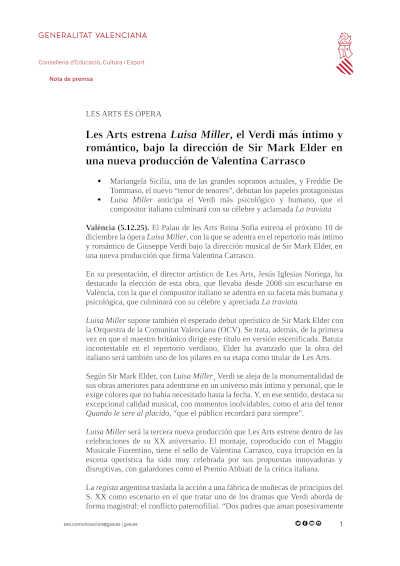 Les Arts estrena Luisa Miller, el Verdi más íntimo bajo la dirección de Sir Mark Elder y nueva producción de Valentina Carrasco