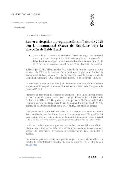 Les Arts despide su programación sinfónica de 2025 con la monumental Octava de Bruckner
