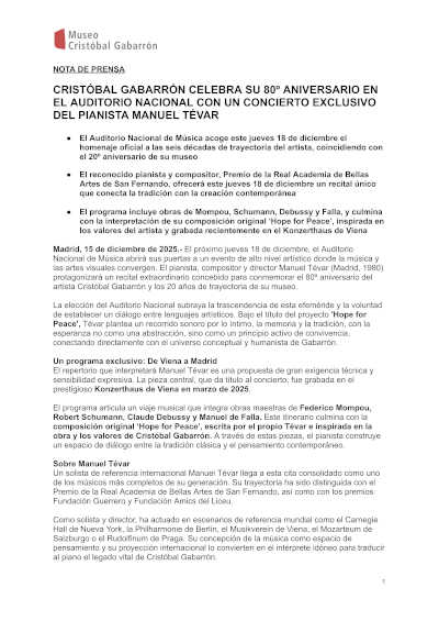 Cristóbal Gabarrón celebra su 80º aniversario en el Auditorio Nacional con un concierto de Manuel Tévar
