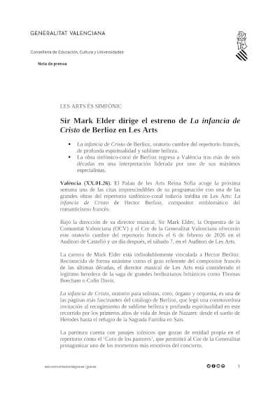 Sir Mark Elder dirige el estreno de La infancia de Cristo de Berlioz en Les Arts