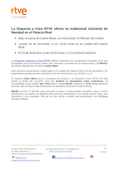 La Orquesta y Coro RTVE ofrece su tradicional concierto de Navidad en el Palacio Real