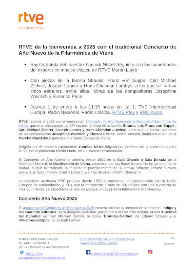 RTVE da la bienvenida a 2026 con el tradicional Concierto de Año Nuevo de la Filarmónica de Viena