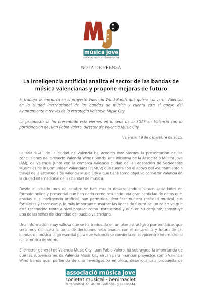 La inteligencia artificial analiza el sector de las bandas de música valencianas y propone mejoras de futuro