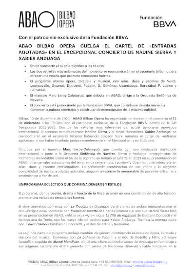 ABAO Bilbao Opera cuelga el cartel de «Entradas agotadas» en el excepcional concierto de Nadine Sierra y Xabier Anduaga