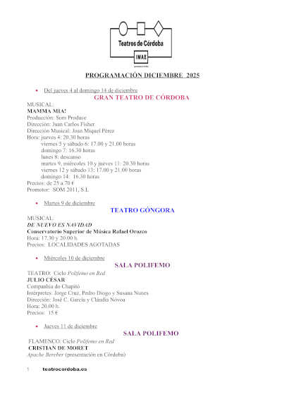 El IMAE propone una programación especial durante el mes de diciembre para disfrutar de la Navidad en los Teatros de Córdoba