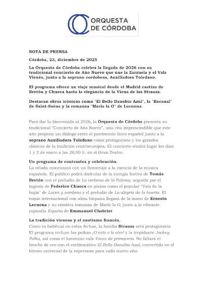 La Orquesta de Córdoba celebra la llegada de 2026 con su tradicional concierto de Año Nuevo que une la Zarzuela y el Vals Vienés