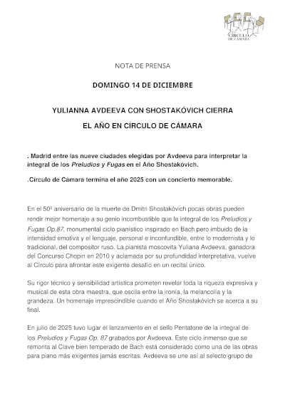 Yulianna Avdeeva con Shostakóvich cierra el año en el Ciclo Círculo de Cámara