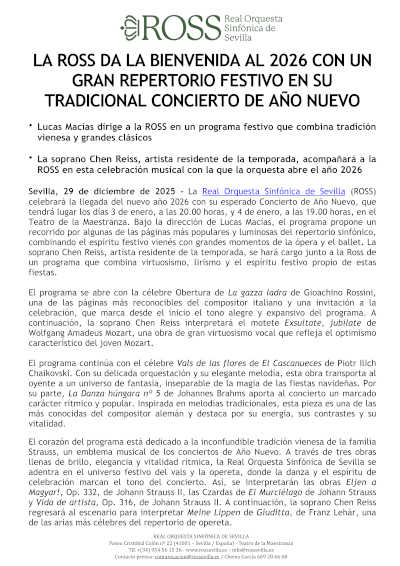 La ROSS da la bienvenida al 2026 con un gran repertorio festivo en su tradicional Concierto de Año Nuevo
