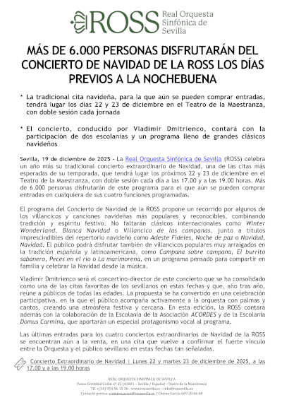 Más de 6.000 personas disfrutarán del Concierto de Navidad de la ROSS los días previos a la Nochebuena