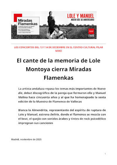 El cante de la memoria de Lole Montoya cierra este fin de semana Miradas Flamenkas