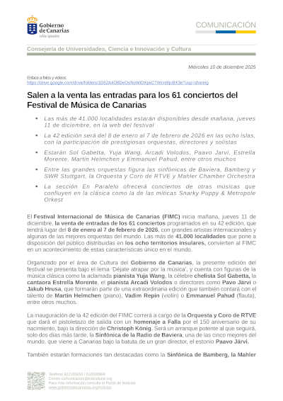 Salen a la venta las entradas para los 61 conciertos del 42 FIMC – Festival de Música de Canarias