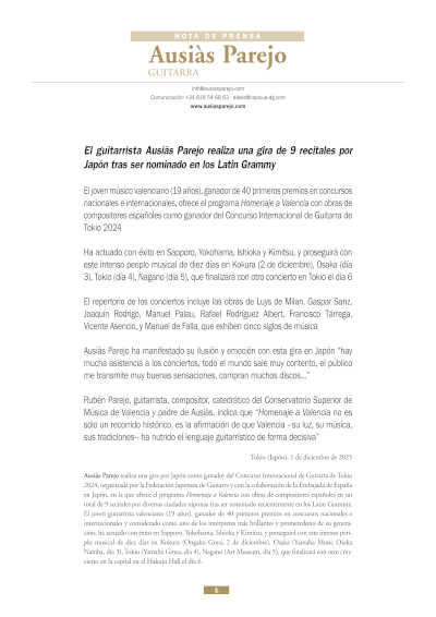 El guitarrista Ausiàs Parejo realiza una gira de 9 recitales por Japón tras ser nominado en los Latin Grammy