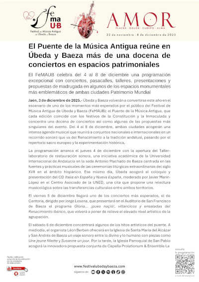 Puente de la Música Antigua en Úbeda y Baeza – FeMAUB: más de doce conciertos y actividades paralelas