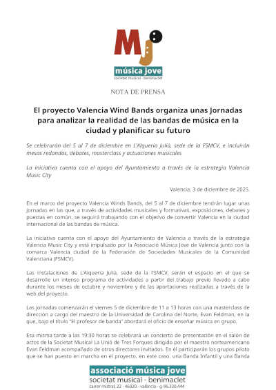 Jornadas del proyecto Valencia Wind Bands sobre el presente y futuro de las bandas de música en la ciudad