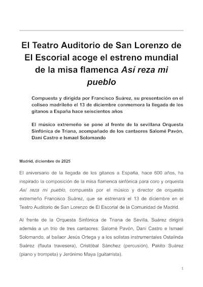 El Teatro Auditorio de San Lorenzo de El Escorial acoge el estreno mundial de la misa flamenca Así reza mi pueblo