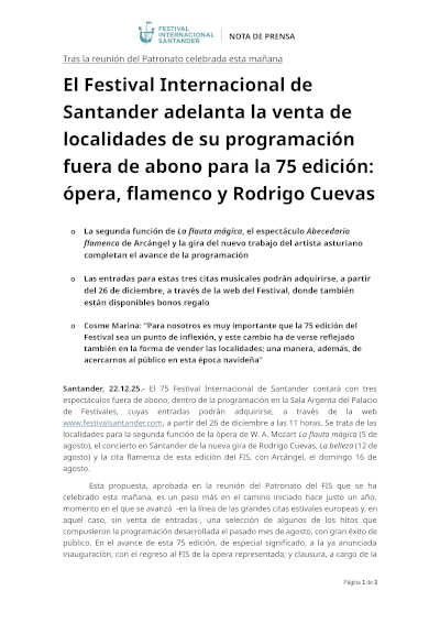El Festival Internacional de Santander adelanta la venta de localidades de su programación fuera de abono para la 75 edición