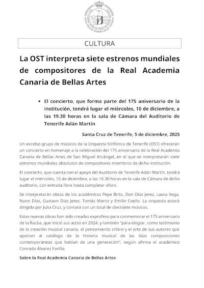 La OST interpreta siete estrenos mundiales de compositores de la Real Academia Canaria de Bellas Artes