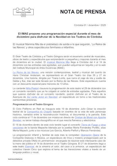 El IMAE propone una programación especial durante el mes de diciembre para disfrutar de la Navidad en los Teatros de Córdoba