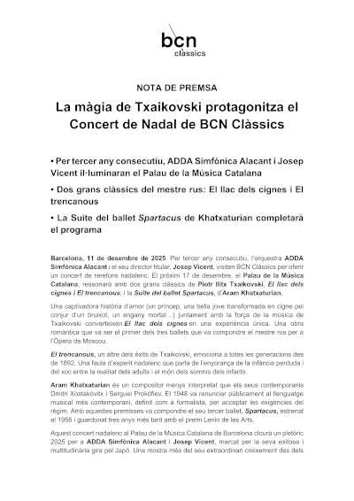 La magia de Tchaikovsky parotagoniza el Concierto de Navidad de BCN Clàssics con ADDA Simfònica Alicante