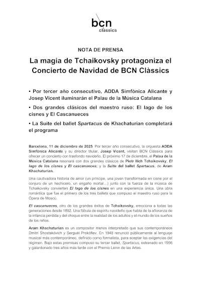 La magia de Tchaikovsky parotagoniza el Concierto de Navidad de BCN Clàssics con ADDA Simfònica Alicante